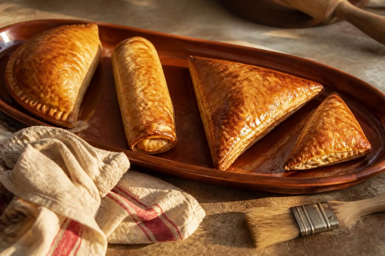 Quatre feuilletés dorés alignés sur un plat : un demi-cercle, un cigare et deux triangles de tailles différentes
