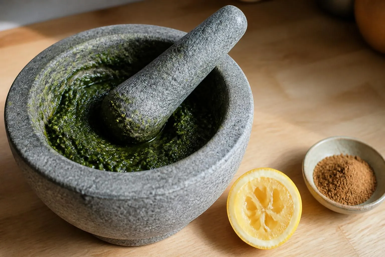 Un mortier de pierre rempli d'une pâte d'herbes vert foncé, posé près d'un demi-citron pressé et d'un petit bol de cumin moulu
