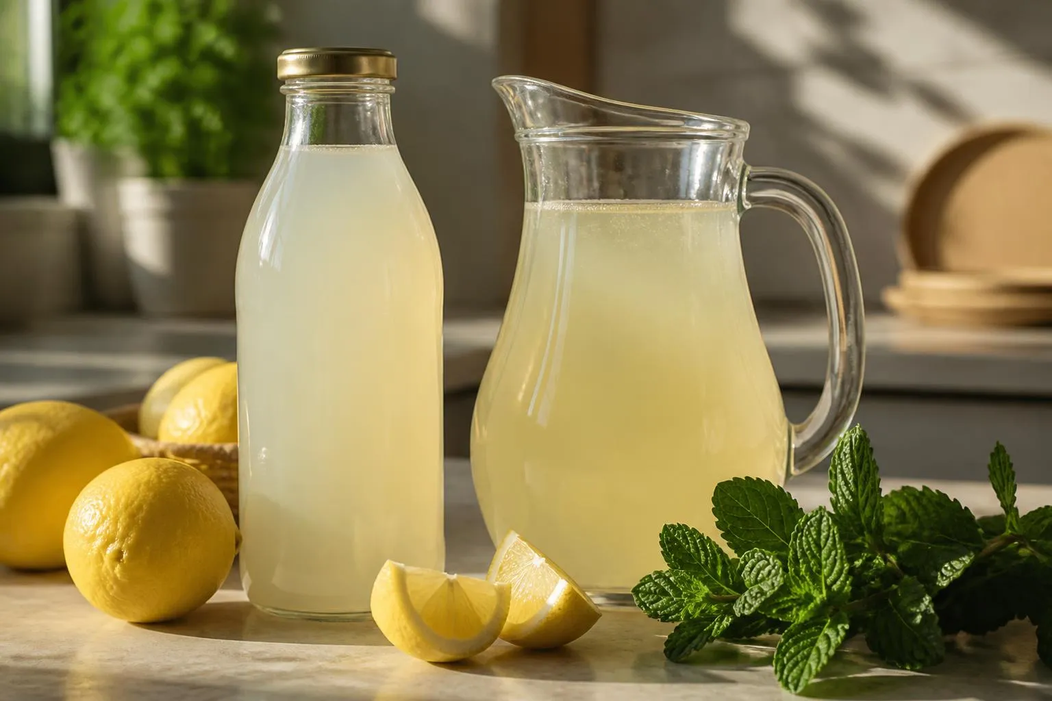 Une bouteille de citronnade trouble et un pichet de citronnade claire posés côte à côte avec des citrons entiers et un bouquet de menthe