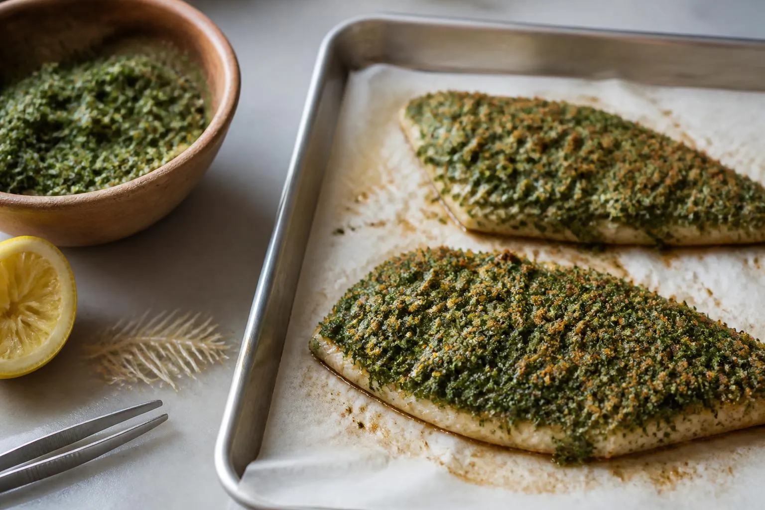 Deux filets de daurade recouverts d'une croûte verte de persil et de chapelure, dorée sur le dessus, posés sur une plaque avec du papier cuisson