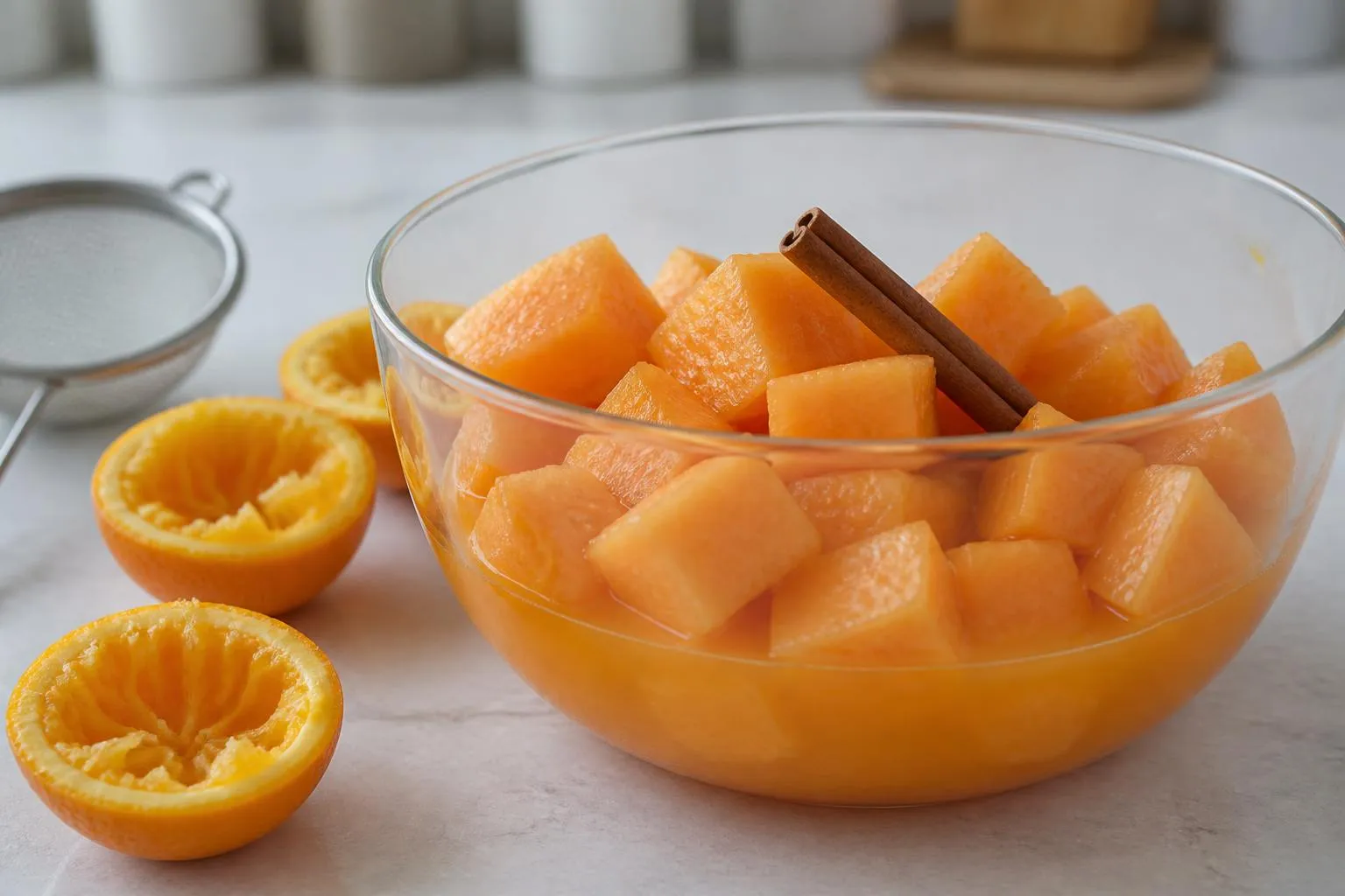 Des cubes de melon orange dans un saladier de verre, un fond de jus d'orange et un bâton de cannelle.