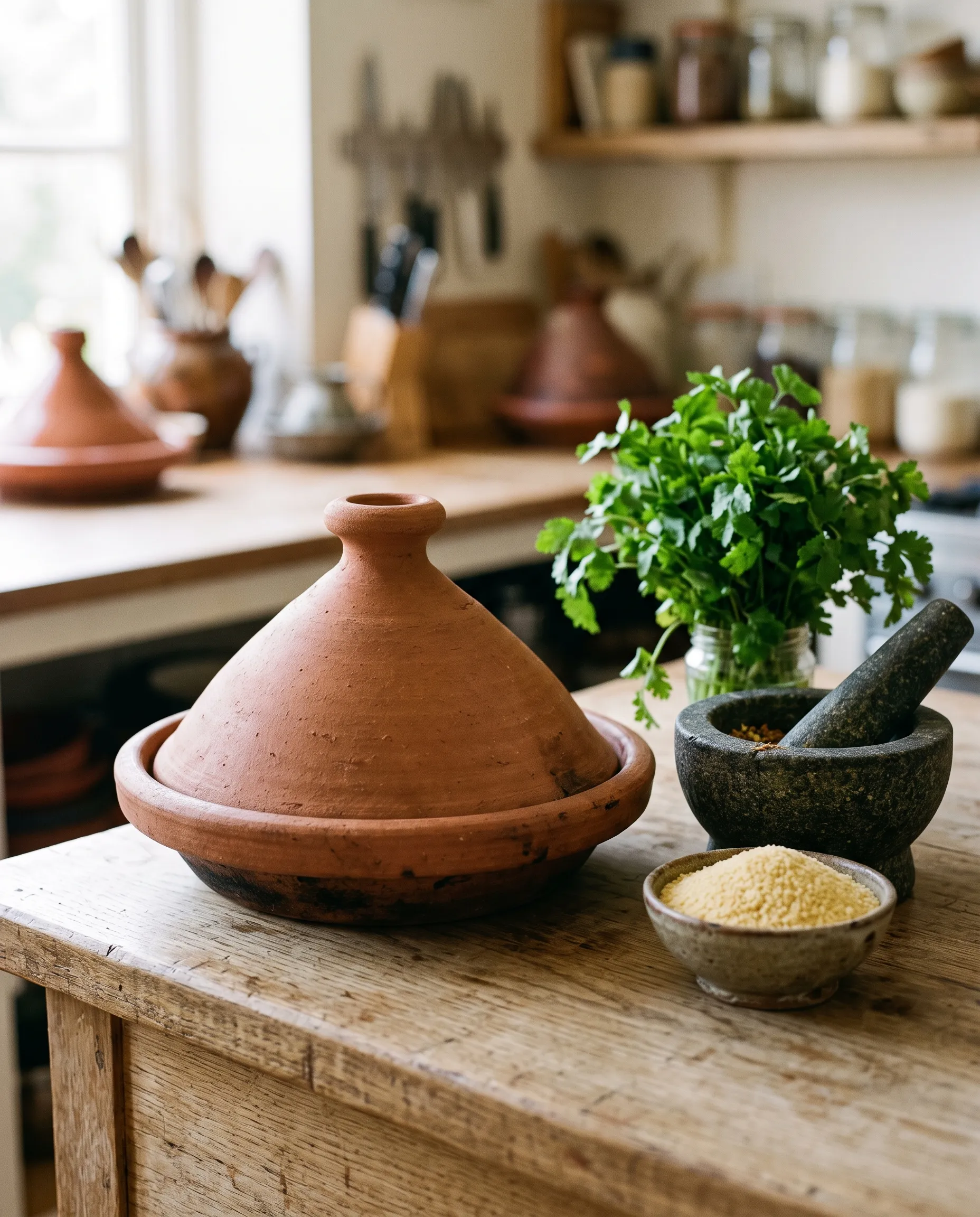 Un plat à tajine en terre, un mortier de pierre, un bouquet de coriandre et une coupelle de semoule sur un plan de travail en bois.