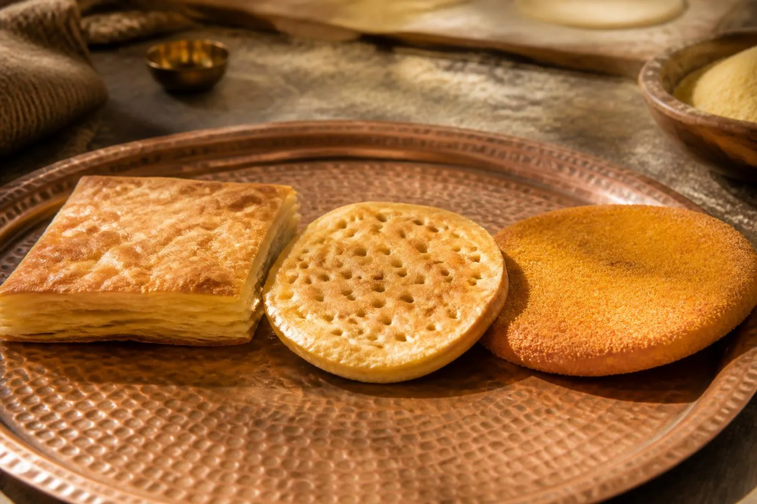 Trois galettes maghrébines posées côte à côte sur un plateau de cuivre : un carré feuilleté, un disque criblé de trous, une galette de semoule dorée.