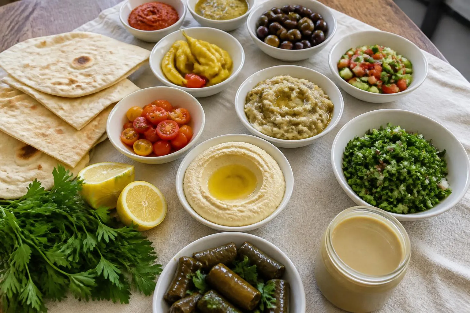 Une dizaine de coupelles de mezzé posées ensemble sur une table, avec des pains libanais empilés