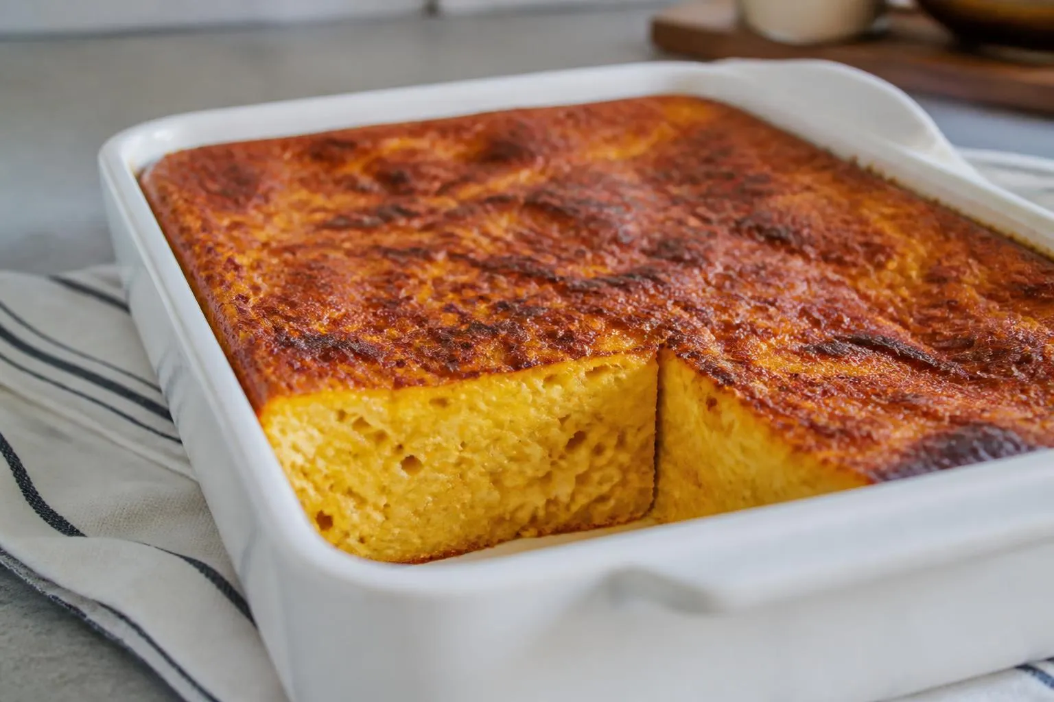 Un plat à gratin rectangulaire dont il manque un carré, la tranche laissant voir des pâtes courtes rouges prises dans une masse d'œuf ferme