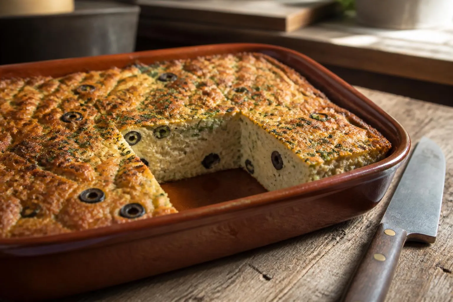 Un plat à gratin carré posé sur une table, dont on a retiré deux parts, laissant voir la tranche beige piquée de persil et d'olives