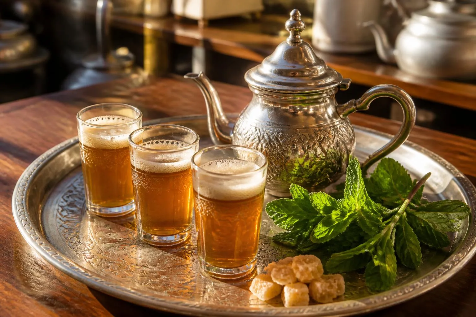 Une théière marocaine en métal et trois verres à thé remplis, posés sur un plateau, la mousse encore visible en surface